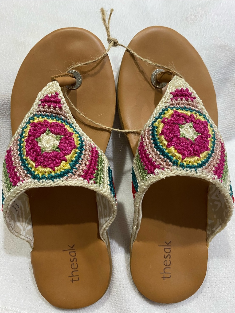 The Sak Women's Crochet Slide Sandals in Tan, Pink, Green and Cream
